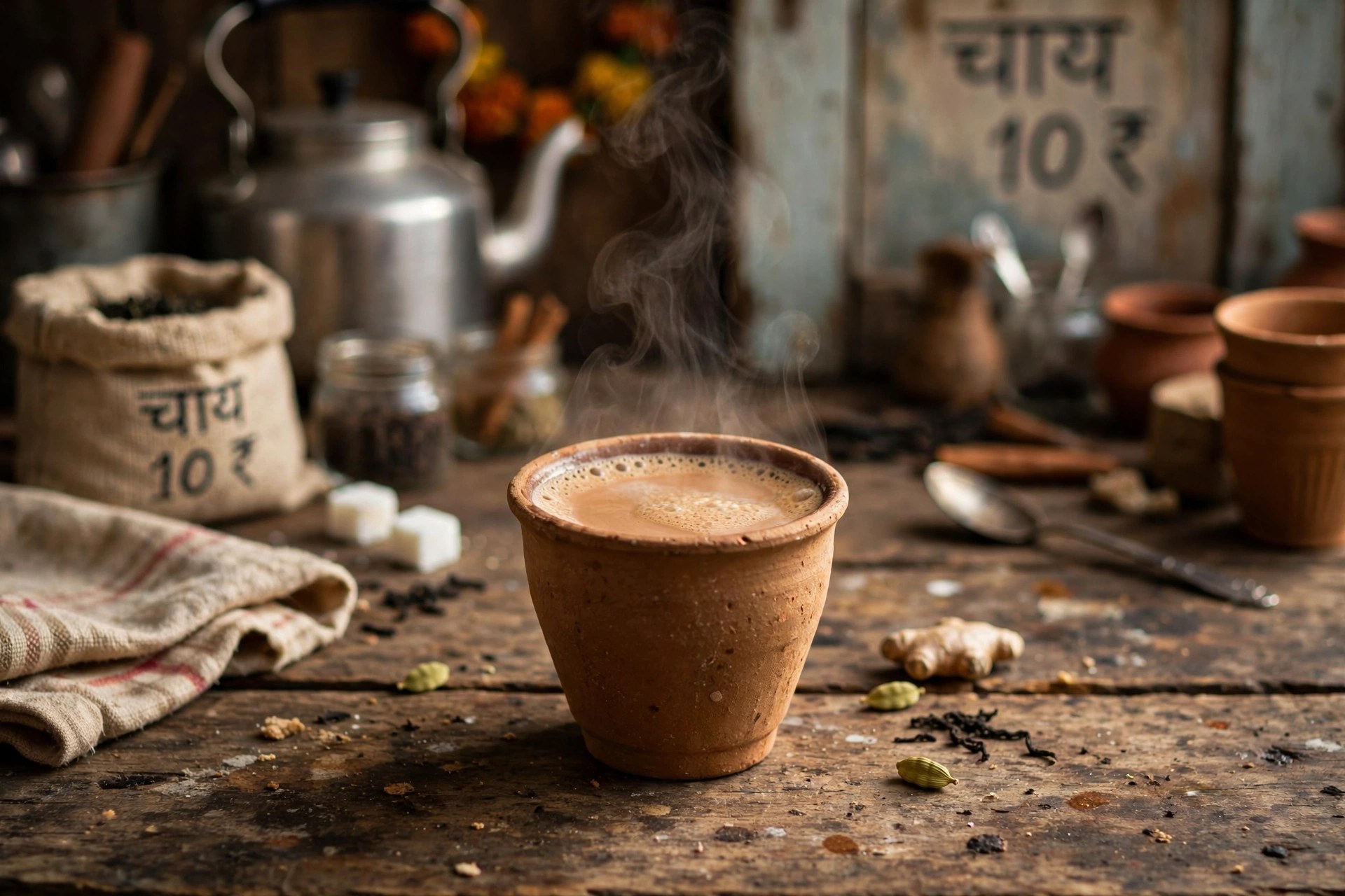 Steaming cup of karak doodh patti chai
