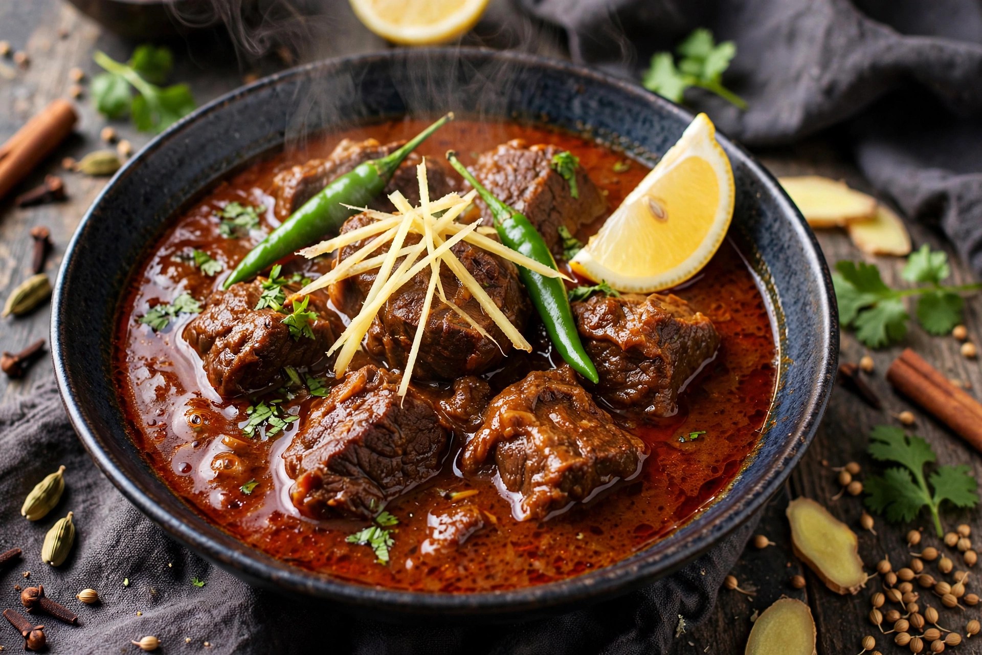 Bowl of slow-cooked beef nihari garnished with ginger and lemon
